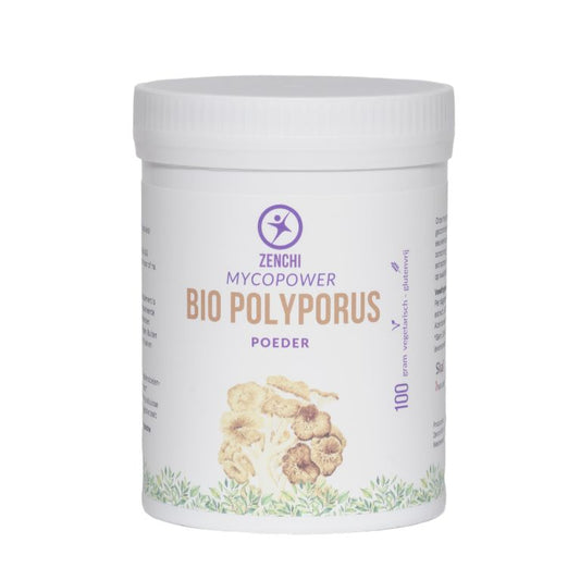 Mycopower Bio Polyporus powder in a 100g package, herbal supplement from Mycopower, displayed in the image.
