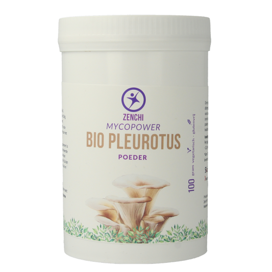 Mycopower Pleurotus mushroom powder in 100g bio package, herbal supplement from Mycopower, shown in a clear container.