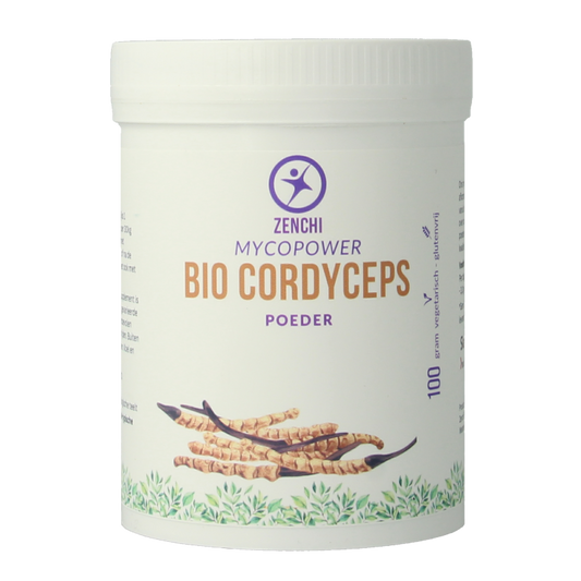 Organic Mycopower Cordyceps sinensis powder in a 100g package, shown in a clear image of the herbal supplement.