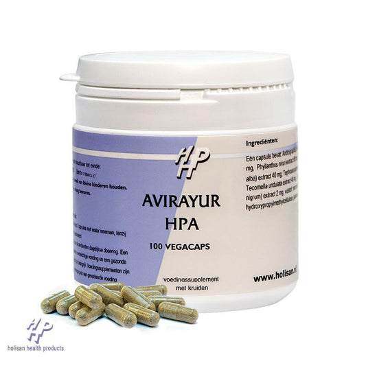 Holisan Avirayur HPA 100 herbal capsules in a container, showcasing vegetarian herbal supplement by Holisan.