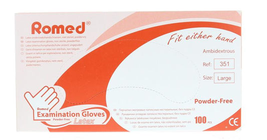 Romed latex disposable medical gloves non-sterile, powder-free, size L, 100 pieces, for protective medical use.