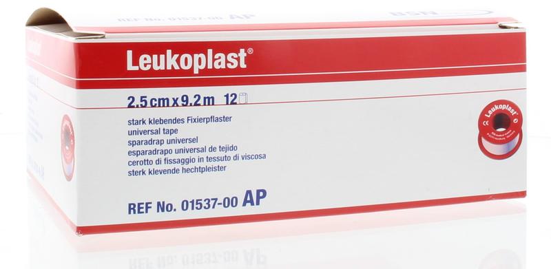 Leukoplast Hechtpleister 9.2m x 2.5cm huidkleurige pleisters, pack of 12, for wound protection and skin adhesion.
