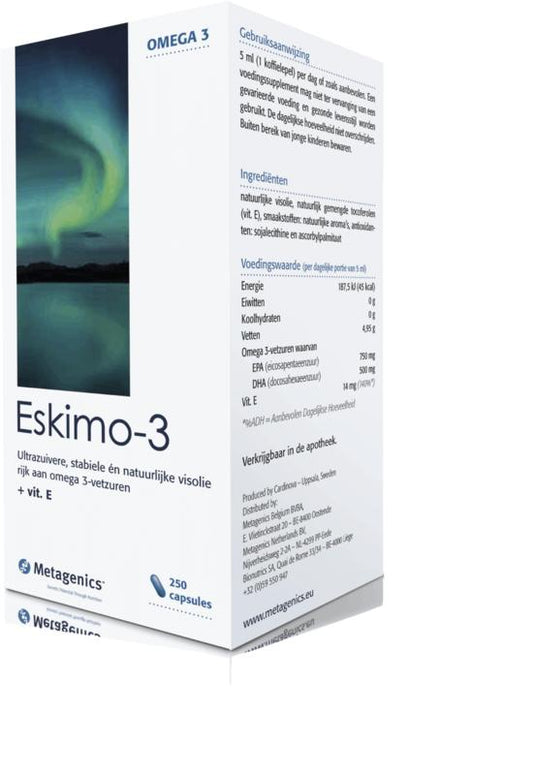 Metagenics Eskimo 3 Vetzuren capsules, omega-3 supplement with 250 capsules, displayed in a clear container.