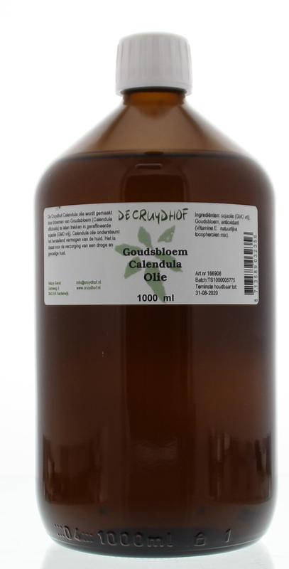 Cruydhof calendula oil in a 1-liter bottle, natural body care product with fresh calendula flowers on the label