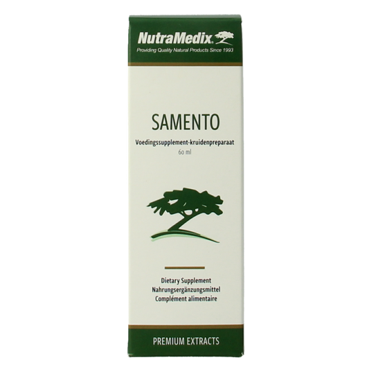 Nutramedix Samento cat's claw herbal supplement in a 60ml bottle, showing the herbal extract and packaging details.