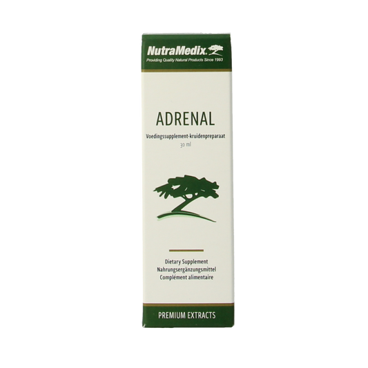 Bottle of Nutramedix Adrenal Energy Support herbal tincture, 30ml, with dropper cap and herbal labels.