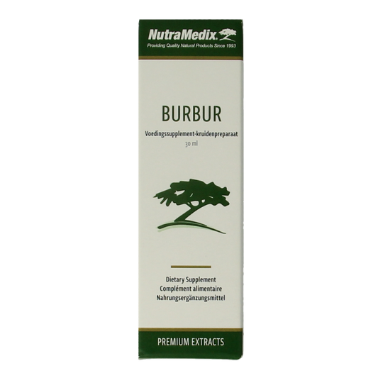 Nutramedix Burbur herbal supplement bottle with 30ml size, featuring herbal ingredients in a clear glass container.