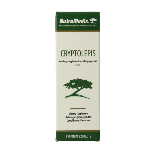 Bottle of Nutramedix Cryptolepis herbal extract, 60ml, in a clear glass bottle with a white label.