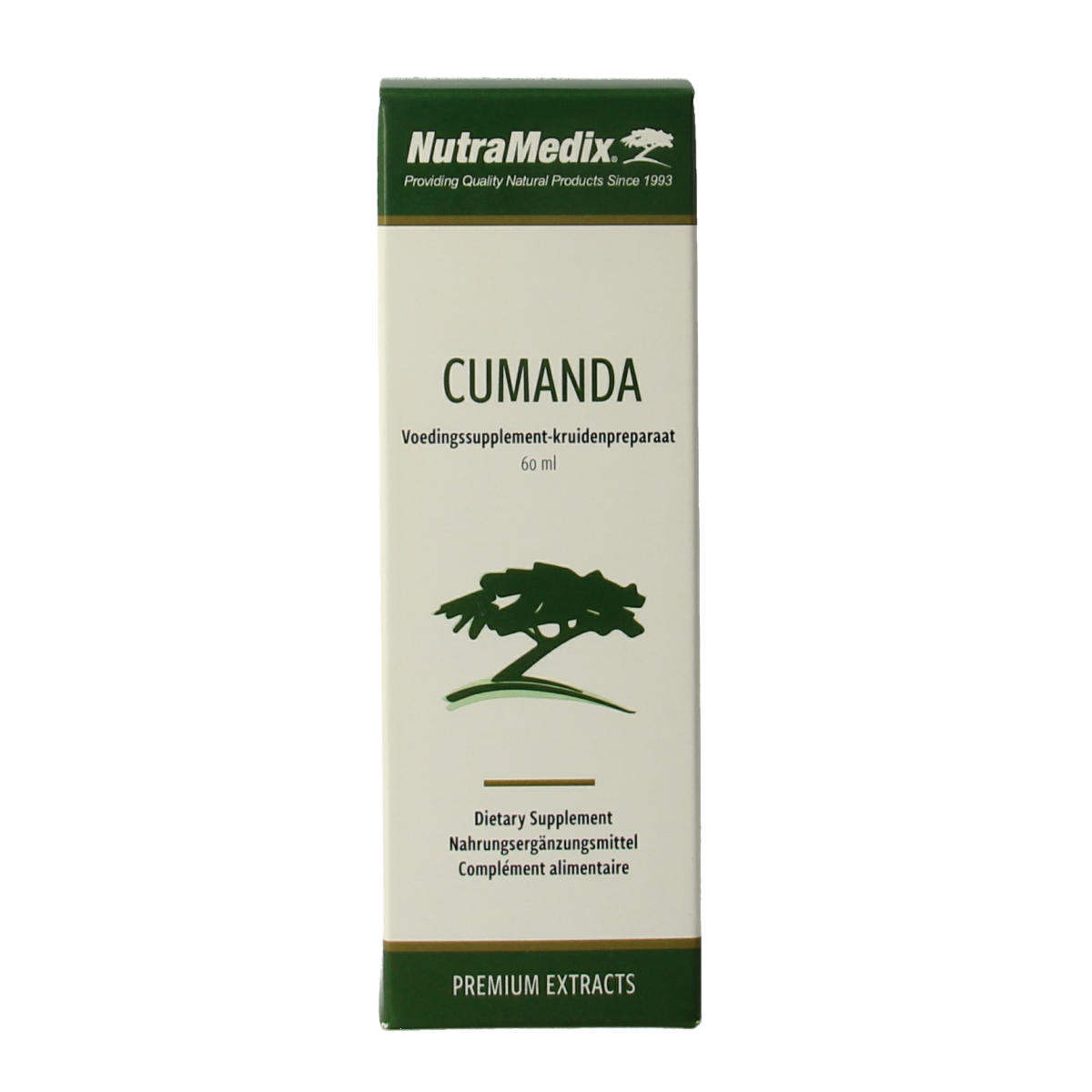 Nutramedix Cumanda herbal supplement bottle, 60ml, in a natural setting, showcasing the product packaging and label.