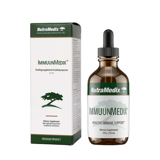 Bottle of Nutramedix Immuunmedix herbal supplement in a 120ml container, featuring a label with green and white design.