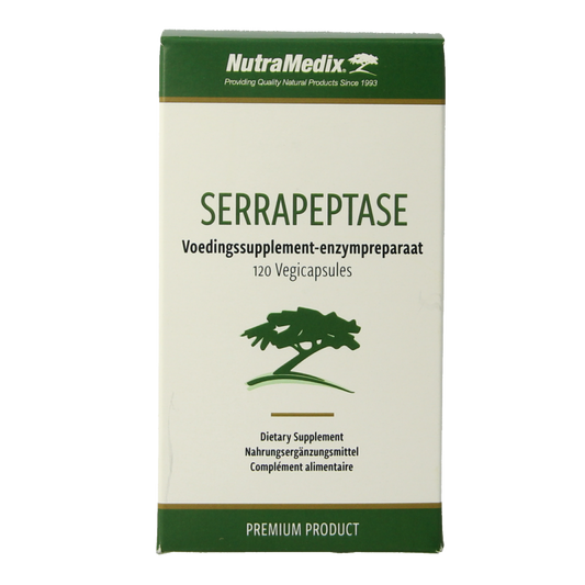 Nutramedix Serrapeptase vegetarian capsules, herbal supplement in clear bottle, dietary supplement for wellness.