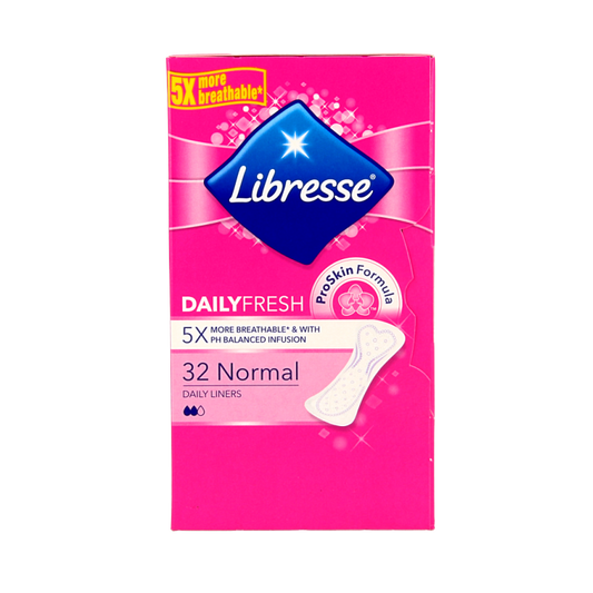 Libresse inleg normaal 32 stuks, damesverband en tampons, showing a box of feminine hygiene products.