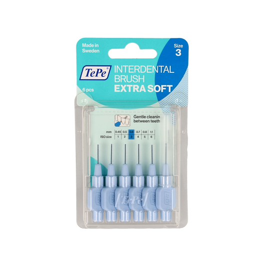 TePe Interdental Ragers extra soft light blue, size 3, 6 pieces, for gentle interdental cleaning.