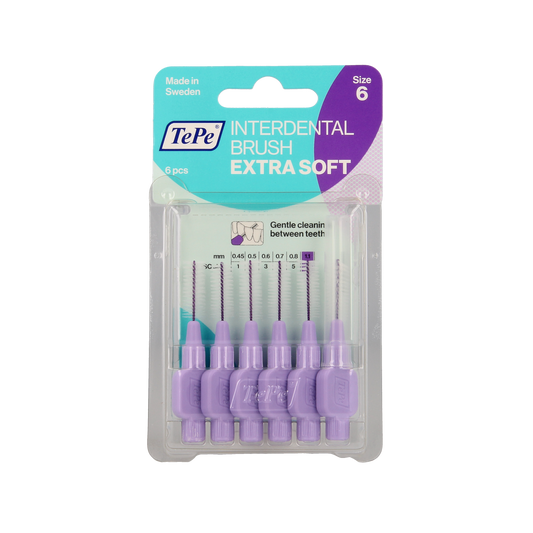 TePe extra soft interdental cleaner rager in light purple, size 6, for effective gum and teeth cleaning with 6 pieces.