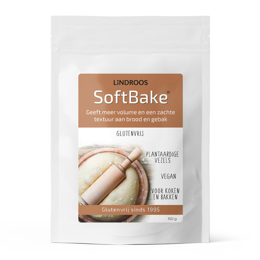 Lindroos Softbake gluten-free broodverbeteraar baking mix in 150g package with ingredients and label detail.