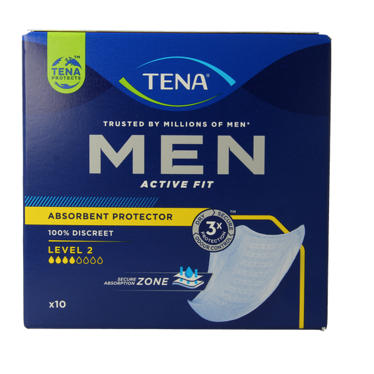 Tena Men Active Fit Level 2 incontinence pads, 10 pack, white absorbent underwear for men, flexible and discreet.