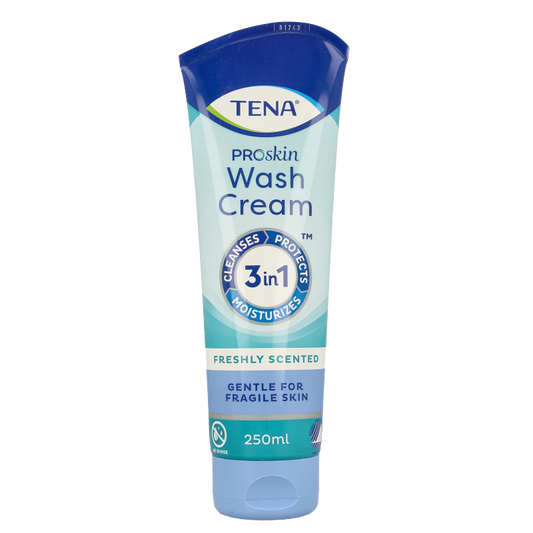Tena Wash Cream 250ml bottle, a body care product with a white pump dispenser, for gentle skin cleansing and moisturizing.