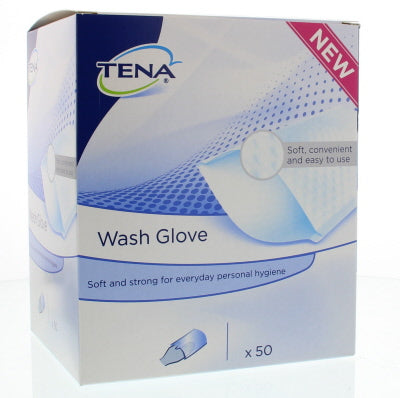 Tena incontinent washcloths, pack of 50, soft disposable cloths for sensitive skin, in white with Tena branding.