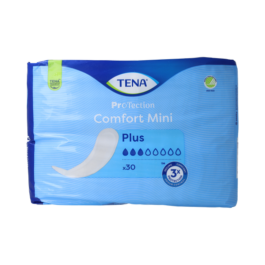 Tena Comfort Mini Plus incontinent pads, pack of 30, featuring discreet, absorbent incontinence protection with breathable material.