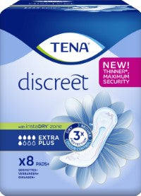 Tena Discreet Extra Plus incontinence pads, pack of 8, designed for discreet and reliable bladder leak protection.
