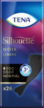 Tena Silhouette Noir liner for incontinence, 26 pack, showing discreet black liners with breathable material and adhesive backing.