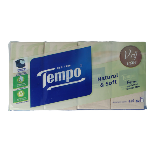 Tempo Natural & soft zakdoekjes 8 x 9 stuks 8.00 Stuks