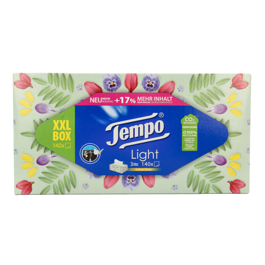 Box of Tempo XXL 3-layer tissues with 140 tissues, featuring a white tissue box with blue accents and tissue sheets visible inside.