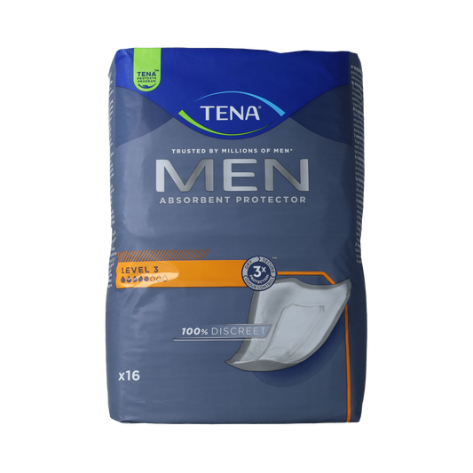 Tena Men level 3 incontinence pads, 16-pack, designed for discreet male urinary protection, with absorbent core and breathable materials.