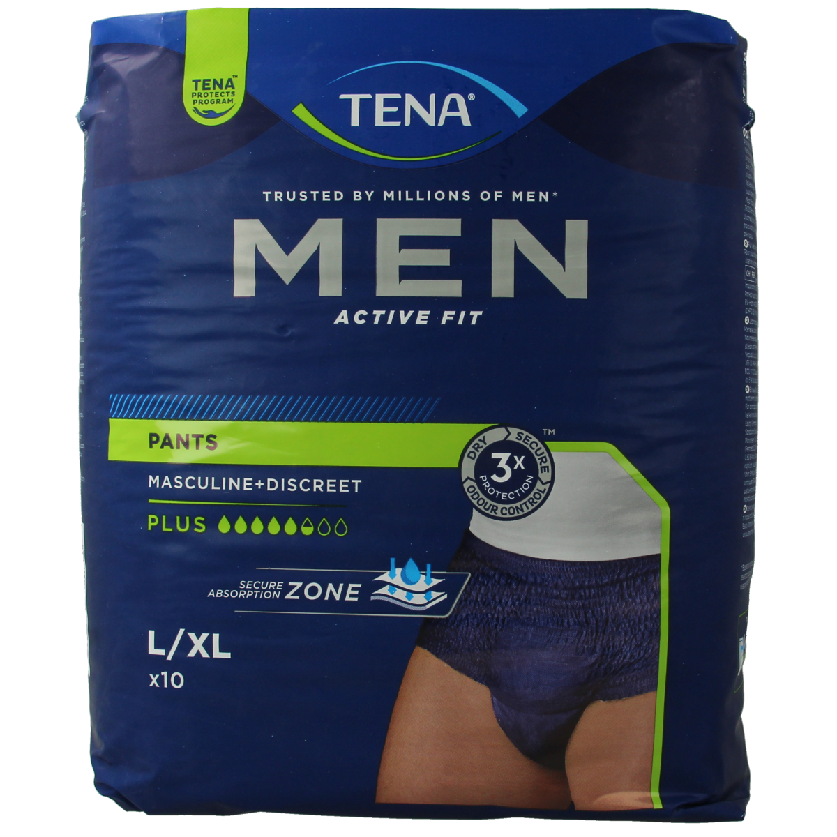 Tena Men Active Fit Incontinence Pants Plus L/XL, pack of 10, designed for discreet male bladder protection.