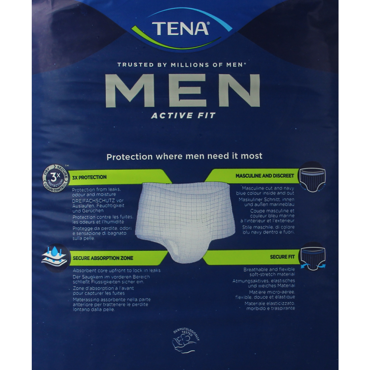Tena Men Active Fit Incontinence Pants Plus L/XL, pack of 10, featuring discreet, comfortable design for men with incontinence.