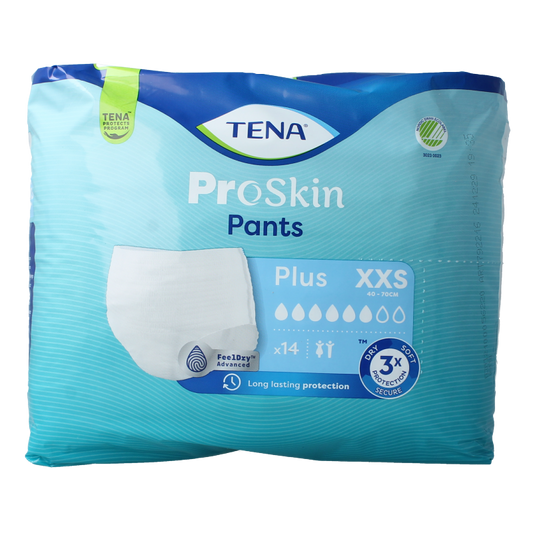 Tena Proskin Pants Plus XXS incontinence pads, 14-pack, showing soft, absorbent underwear with waistband and incontinence protection.