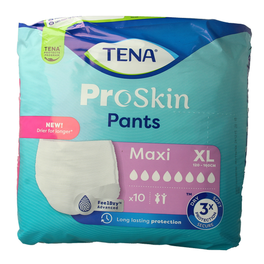 Tena ProSkin maxi XL incontinence pants, 10-pack, with absorbent design and comfortable fit, for adult bladder protection.