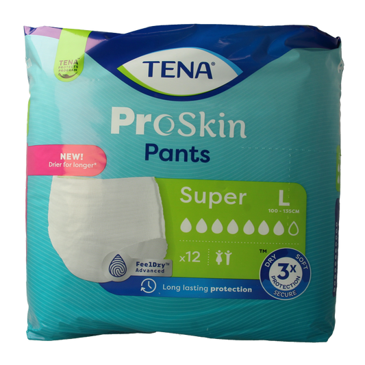 Tena Proskin super L incontinent pants for adults, 12-pack, showing the packaging with the product and brand label.