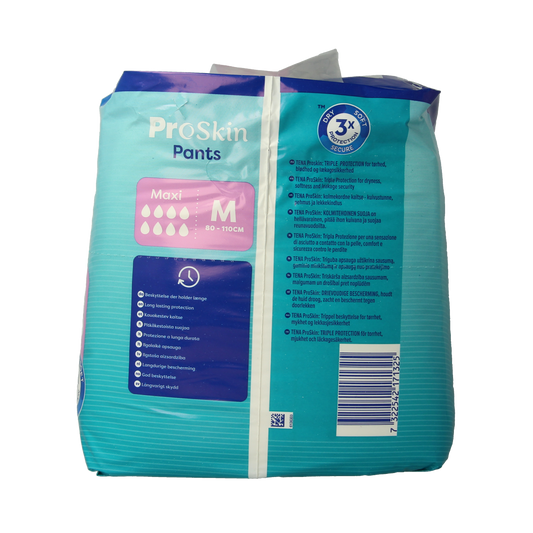 Tena Proskin Maxi Incontinence Pants in size M, pack of 10, shown in white with waistband and leak-proof design.