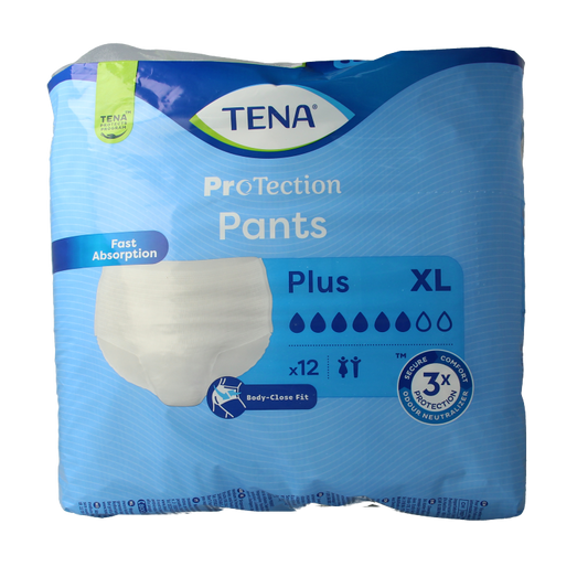 Tena Protection Plus incontinence pants XL, 12-pack, with discreet fit and absorbent material for comfortable protection.