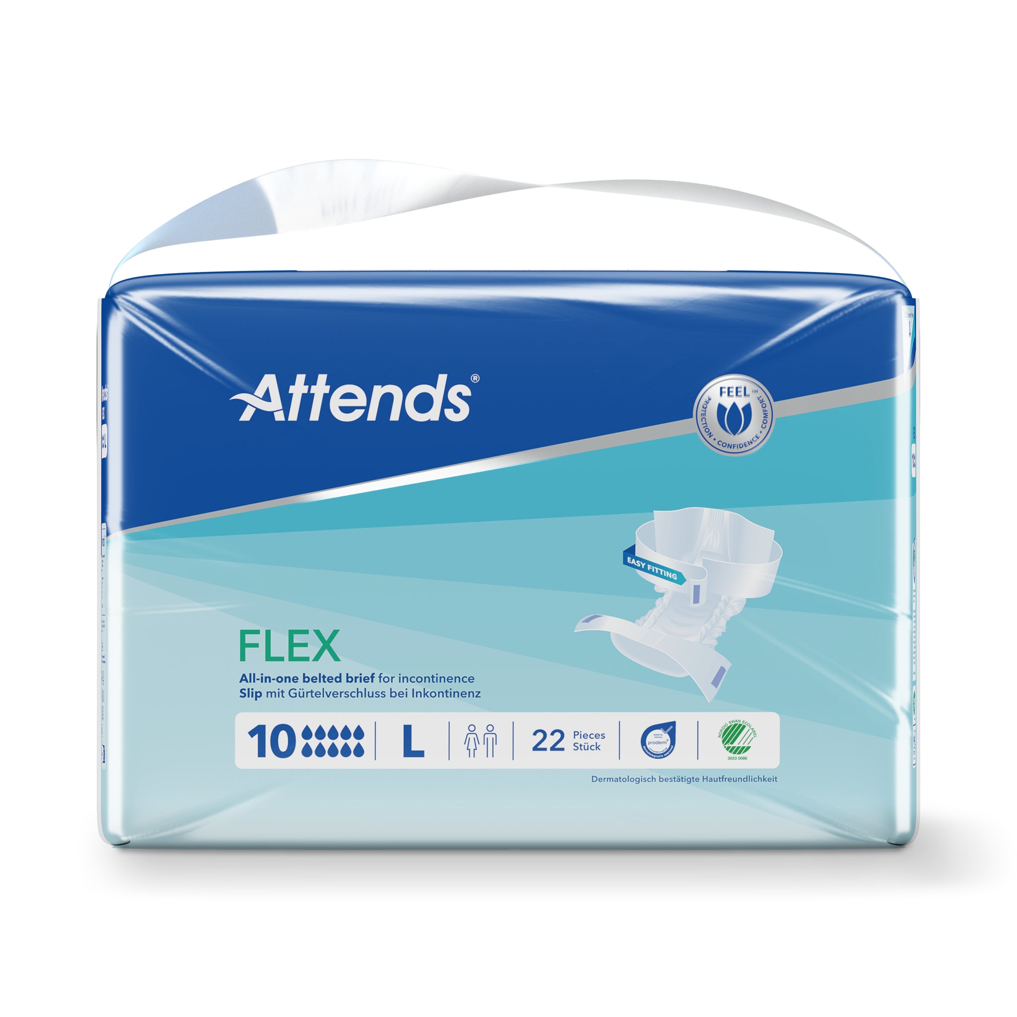 Attends Flex incontinence pads, size L for waist 85-125cm, 22-pack, with absorbent material and discreet design.