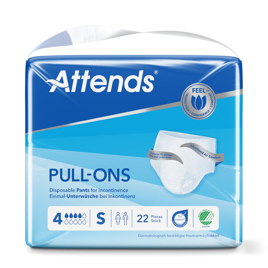 Attends Pull Ons in size S, incontinence underwear, 22-pack, shown in the image with individual diapers ready for use.