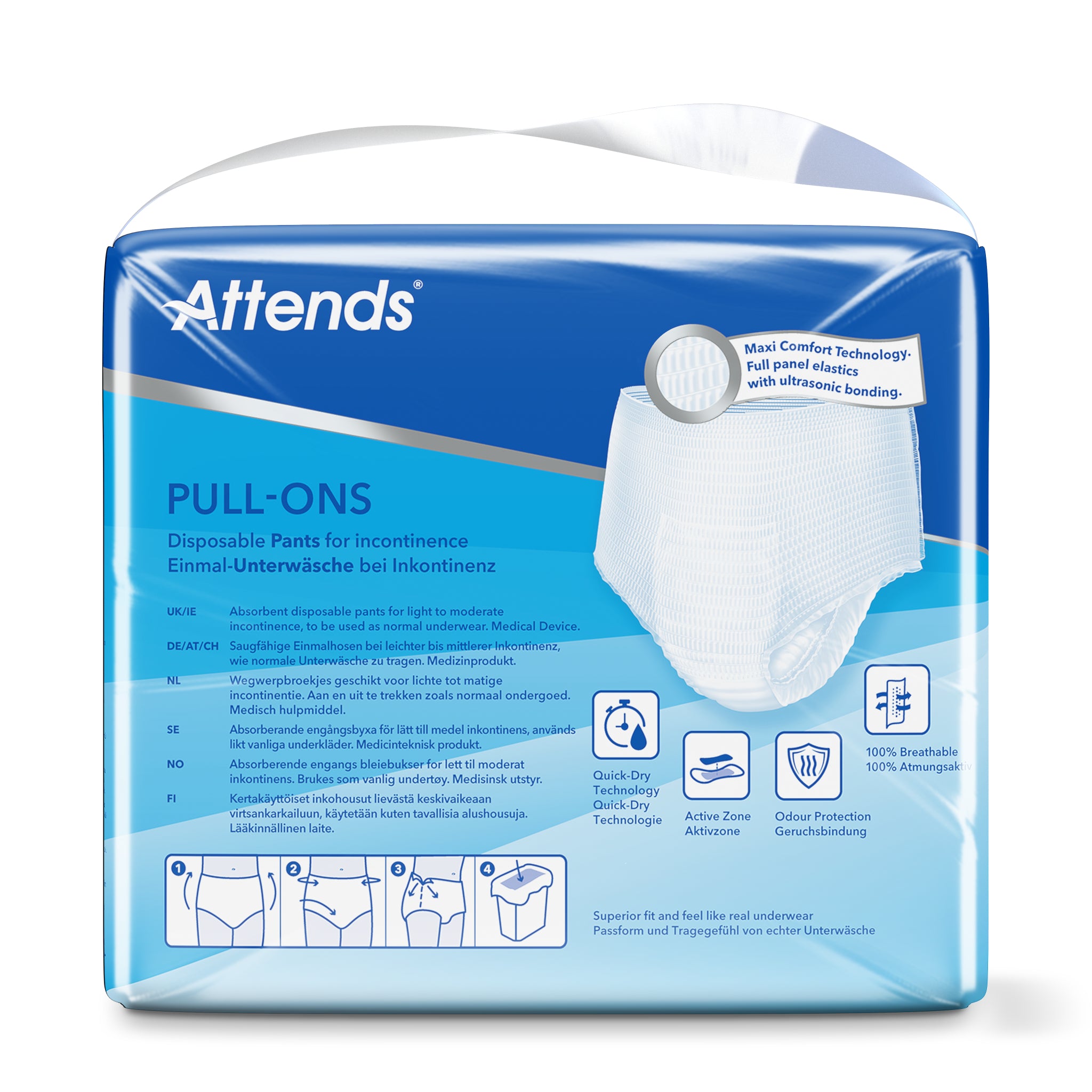 Attends Pull Ons in size S, incontinence underwear, 22-pack, showing soft fabric and snug fit for discreet protection.