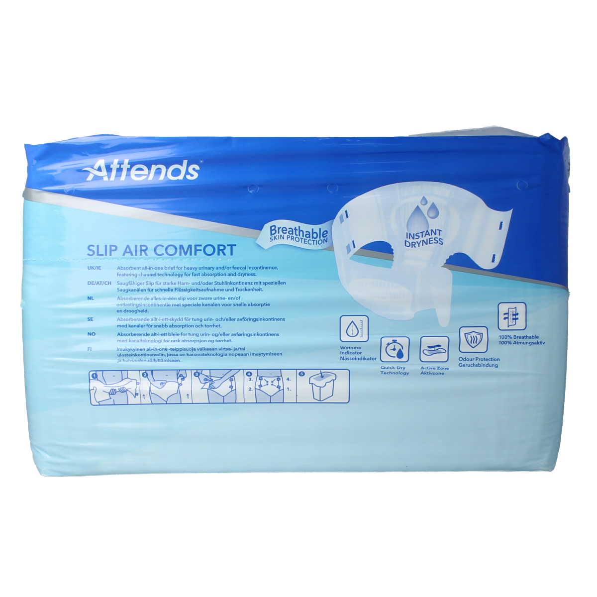 Attends Slip Air Comfort 9 incontinence pads, 21 pack, designed for discreet and comfortable bladder protection.