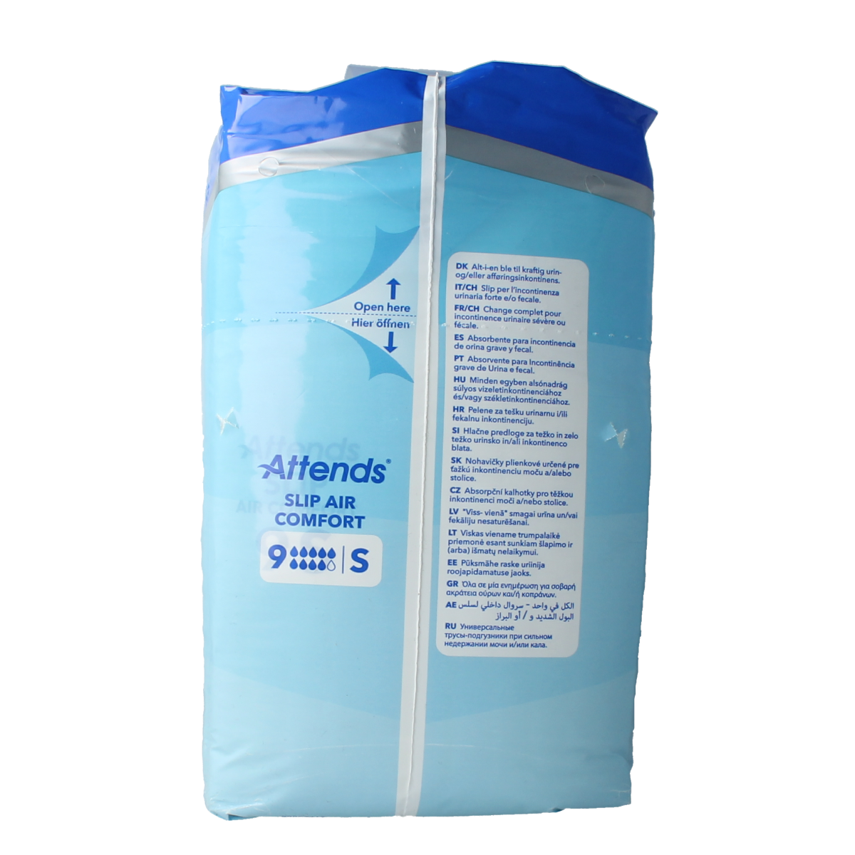 Attends Slip Air Comfort 9 incontinence pads, 21-pack, featuring breathable material and secure fit for comfort and protection.