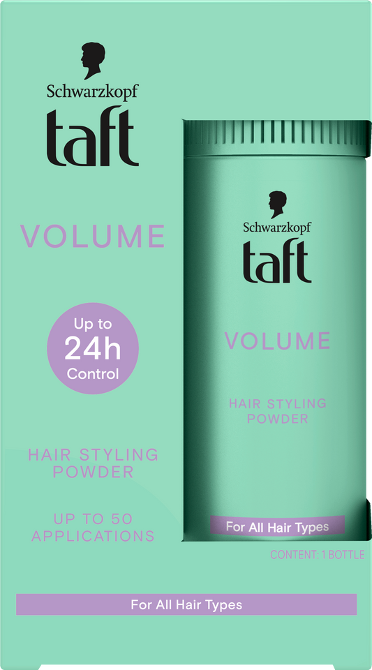 Taft Volume Powder hair styling product in 10g container, natural look, for added volume and texture in hair.