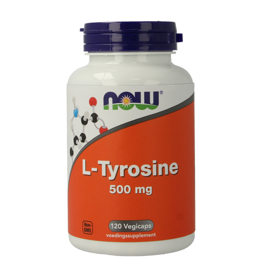 NOW L-Tyrosine 500mg vegetarian capsules for amino acids supplement, shown in a clear bottle with label.