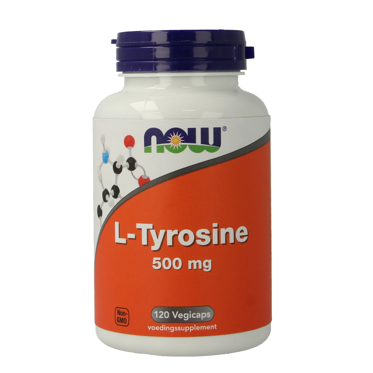 NOW L-Tyrosine 500mg vegetarian capsules, close-up of white capsules in a clear bottle, dietary supplement for amino acids.