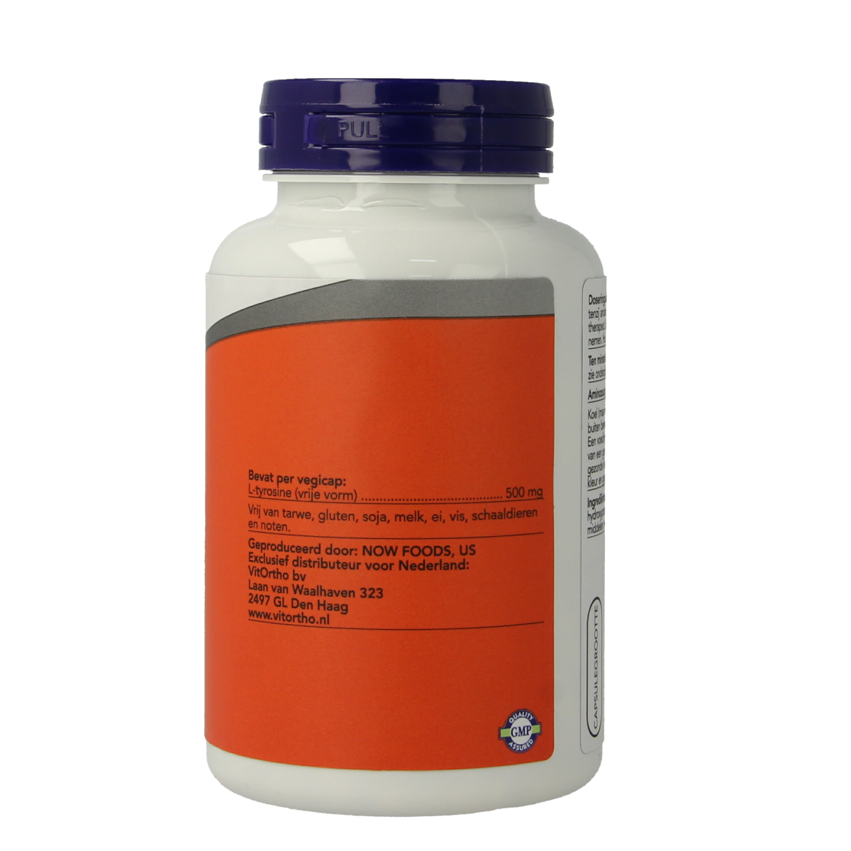 NOW L-Tyrosine 500mg vegetarian capsules, dietary supplement with amino acids, shown in clear bottle with capsules inside.