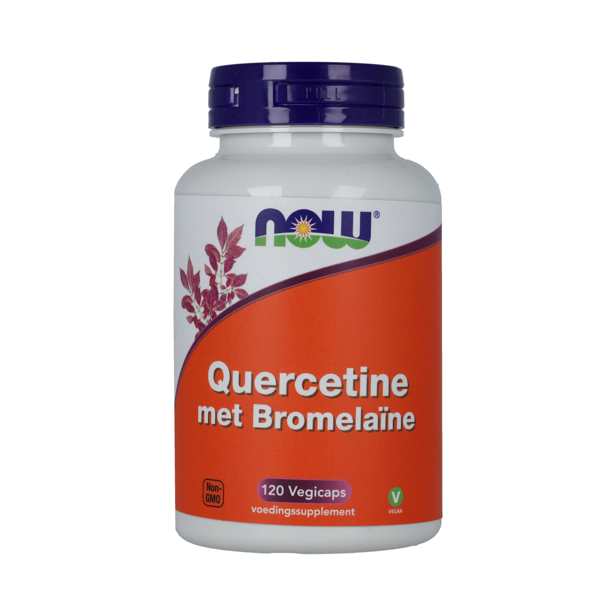 NOW Quercetin with Bromelain vegetarian capsules, herbal supplement in a bottle with capsules visible inside.