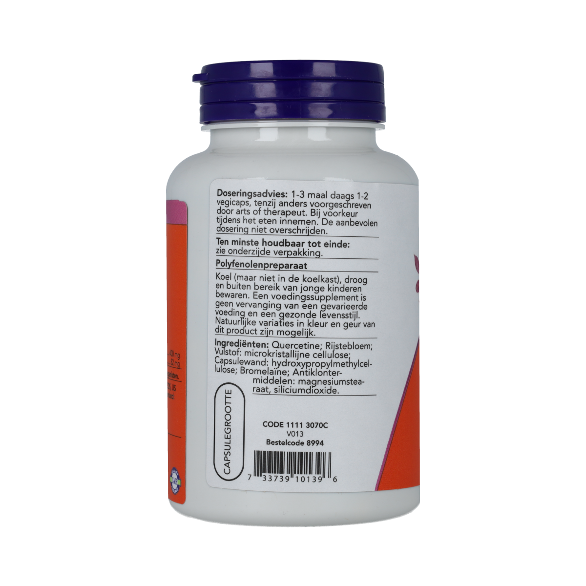 Vegetarische capsules van NOW Quercetine met bromelaïne, kruidenpreparaat voor ondersteuning van het immuunsysteem.