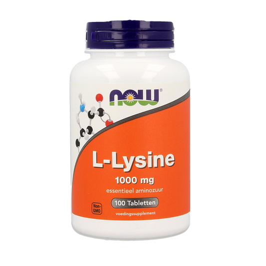 NOW L-Lysine 1000mg amino acid tablets, showing a bottle of dietary supplement tablets with label details.