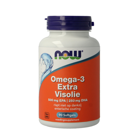NOW Omega 3 Extra softgels with 500mg EPA and 250mg DHA, displayed in a clear bottle with softgel capsules inside.