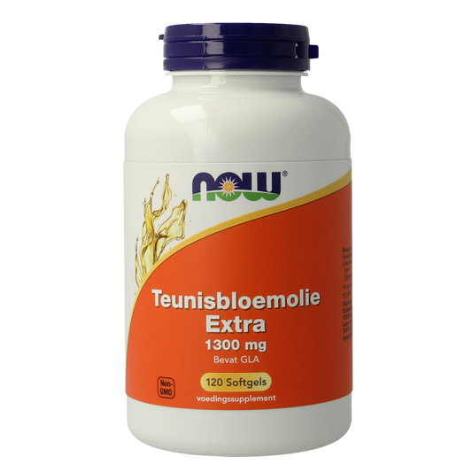 NOW Teunisbloem extra 1300mg softgels, omega fatty acids supplement, showing a bottle of softgel capsules.