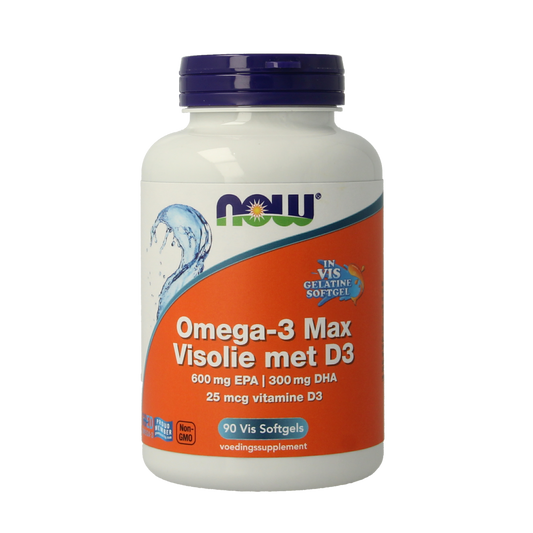 NOW Omega 3 Max softgels with EPA, DHA, and D3, showing a bottle of 90 omega-3 fatty acid softgel capsules.